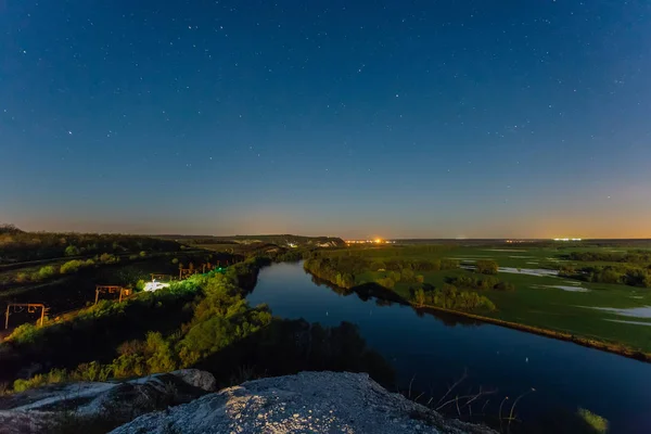 Aerial view to river Don from hilltop in starry night, Voronezh