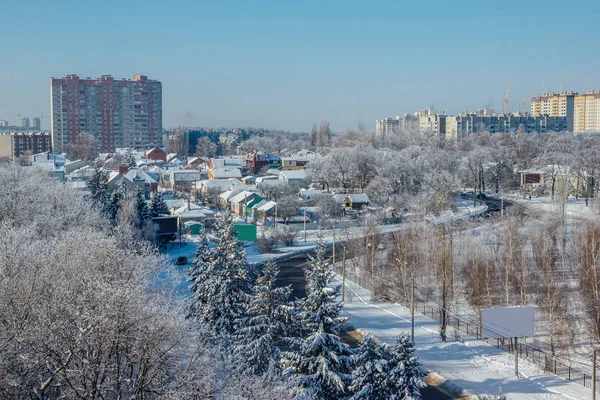 A paisagem urbana de Winter Voronezh. Árvores congeladas numa floresta coberta por — Fotografia de Stock