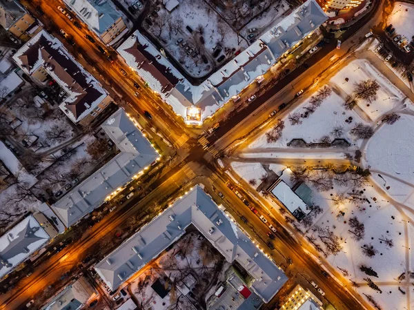 Weg kruising, Top View, Winter Night, Voronezj, Rusland — Stockfoto