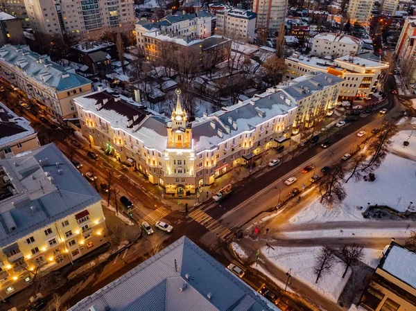 Night Voronezh Downtown District. Luchtfoto genomen door Drone — Stockfoto