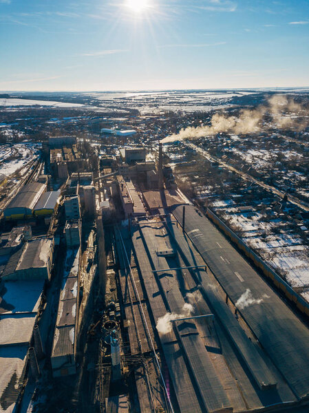 Aerial drone view of industrial area of refractory plant. Fuming