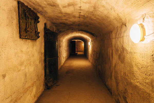 Dark corridor of old underground Soviet military bunker under fortification., Sevastopol, Crimea.