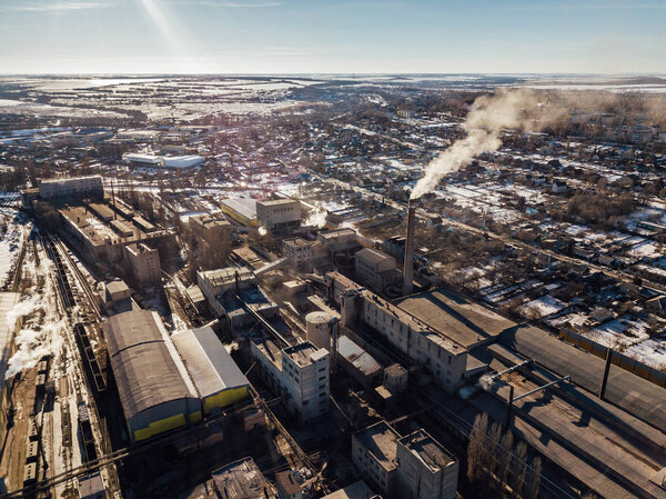 Aerial drone view of industrial area of refractory plant. Fuming