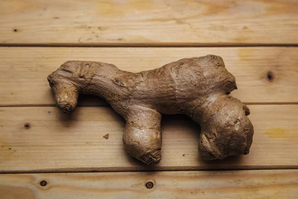 Root of ginger in the form of a horse on wooden background — Stock Photo, Image