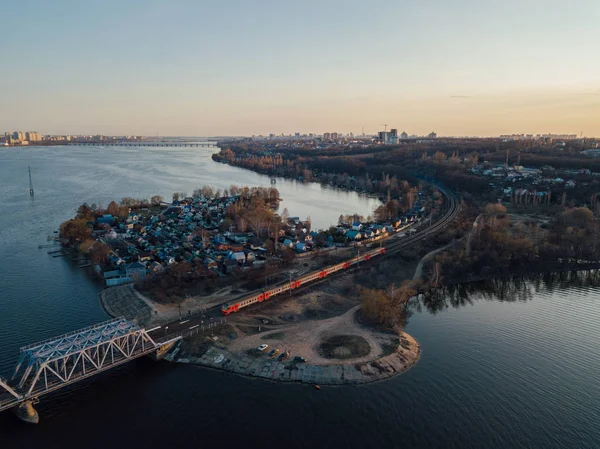 Aerial view of railway bridge over Voronezh river