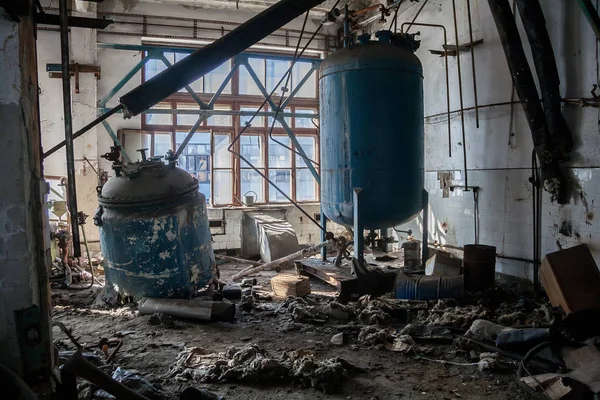 The abandoned chemical pharmacy vitamin plant with the remains o — Stock Photo, Image