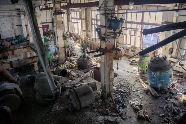 The abandoned chemical pharmacy vitamin plant with the remains o — 스톡 사진