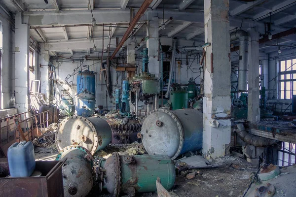 The abandoned chemical pharmacy vitamin plant with the remains o — Stock Photo, Image