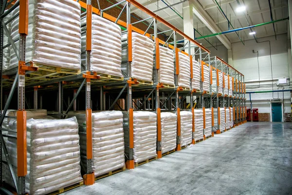 Hangar Warehouse Rows Shelves White Polyethylene Bags Finished Factory Production — Stock Photo, Image