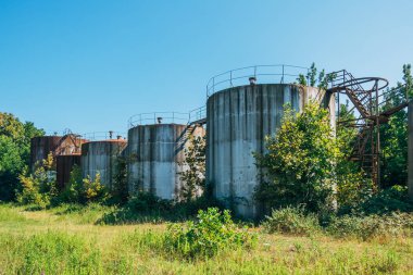 Eski paslı terk edilmiş yağ tankları ile merdivenler ağaçlar tarafından büyümüş