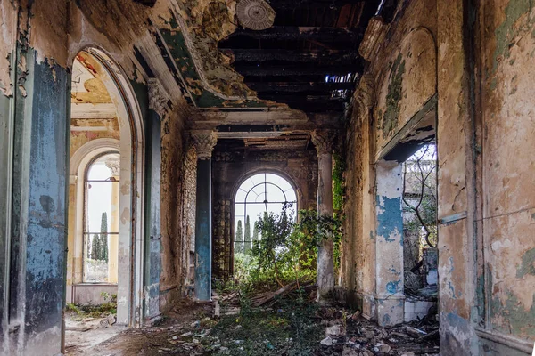 Ruined large hall interior overgrown by plants and moss