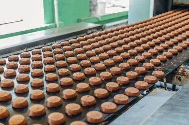 Pişirme üretim hattı. Devam ettikten sonra çiğ pişmemiş kurabiyeler