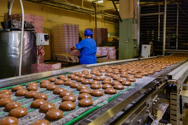 Confectionery factory. Production line of baking cookies — Stock Photo, Image