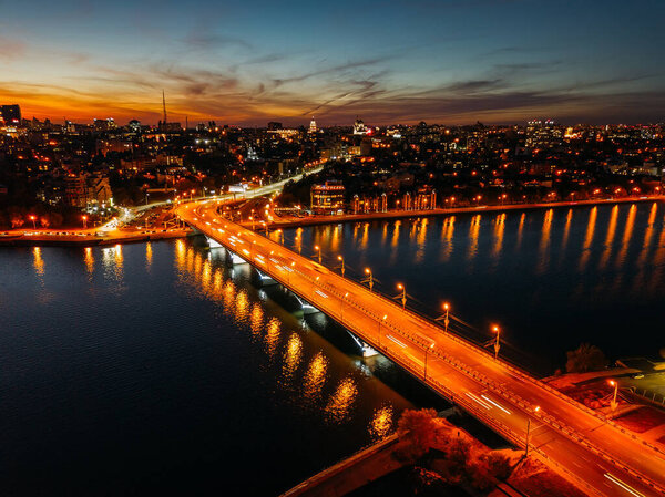 Night summer Voronezh, Chernavsky bridge and Massalitinov embankment, aerial view.