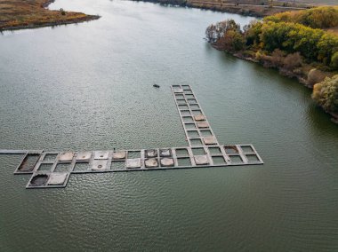 Balıkları beslemek için çiftlik, insansız hava aracı manzarası.
