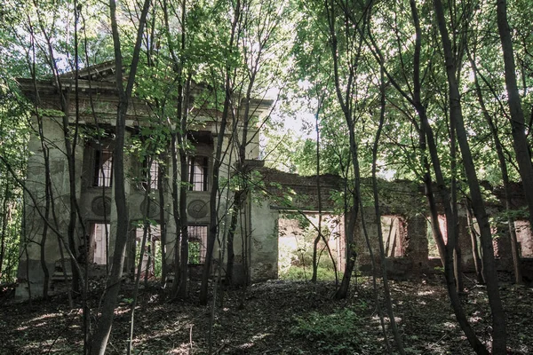 Opuštěný zničený zarostlý kostel v lese, Drezgalovo, Lipet — Stock fotografie