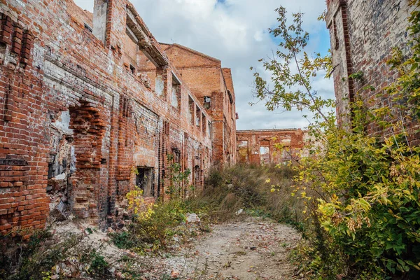 Construção industrial de tijolos vermelhos em ruínas. Abandonado e destruído su — Fotografia de Stock