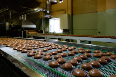 Pişirme üretim hattı. Sır kaplamadan sonra kurabiyeler