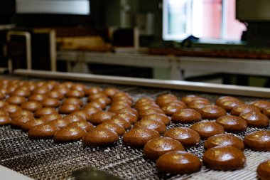 Pişirme üretim hattı. Sır kaplamadan sonra kurabiyeler