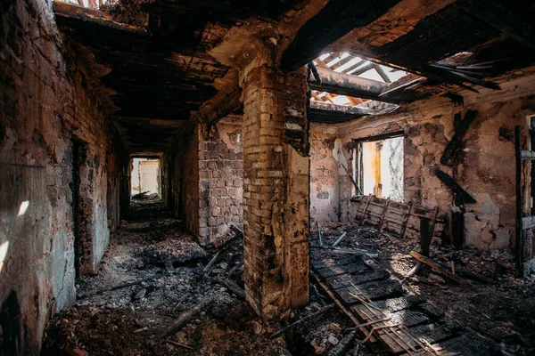 Quemado Antiguo Interior Casa Rural Consecuencias Del Fuego — Foto de Stock