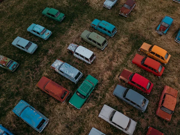 Viejos Coches Retro Oxidados Abandonados Vista Aérea — Foto de Stock