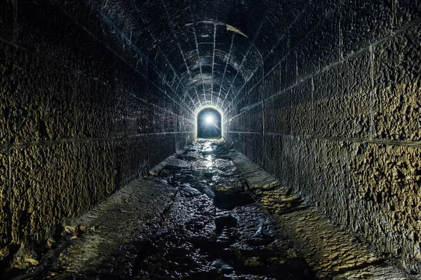 Sötét Hátborzongató Régi Történelmi Boltozatos Elárasztott Földalatti Csatorna Alagút — Stock Fotó