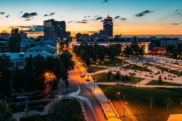 Natt Voronezh Skyline Flygfoto Över Sovjetiska Torget — Stockfoto
