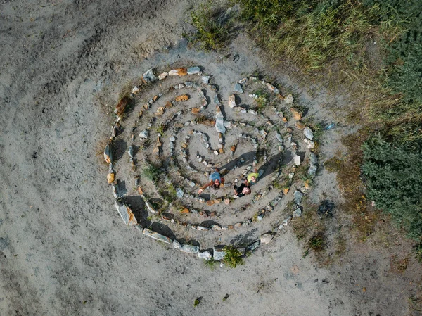 Spirallabyrinth Aus Steinen Draufsicht Von Der Drohne — Stockfoto