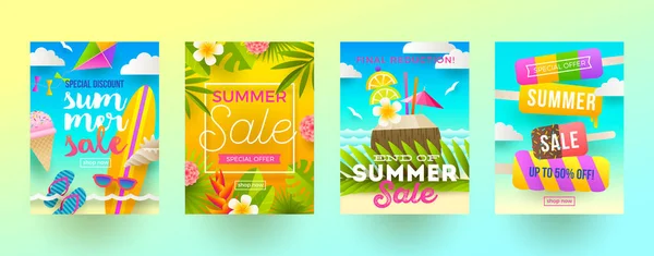 Conjunto Banners Promoción Venta Verano Vacaciones Vacaciones Viajes Colorido Fondo — Archivo Imágenes Vectoriales
