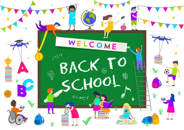 Back School Vector Illustration Group Active Children Big Chalkboard Greeting — Stock Vector