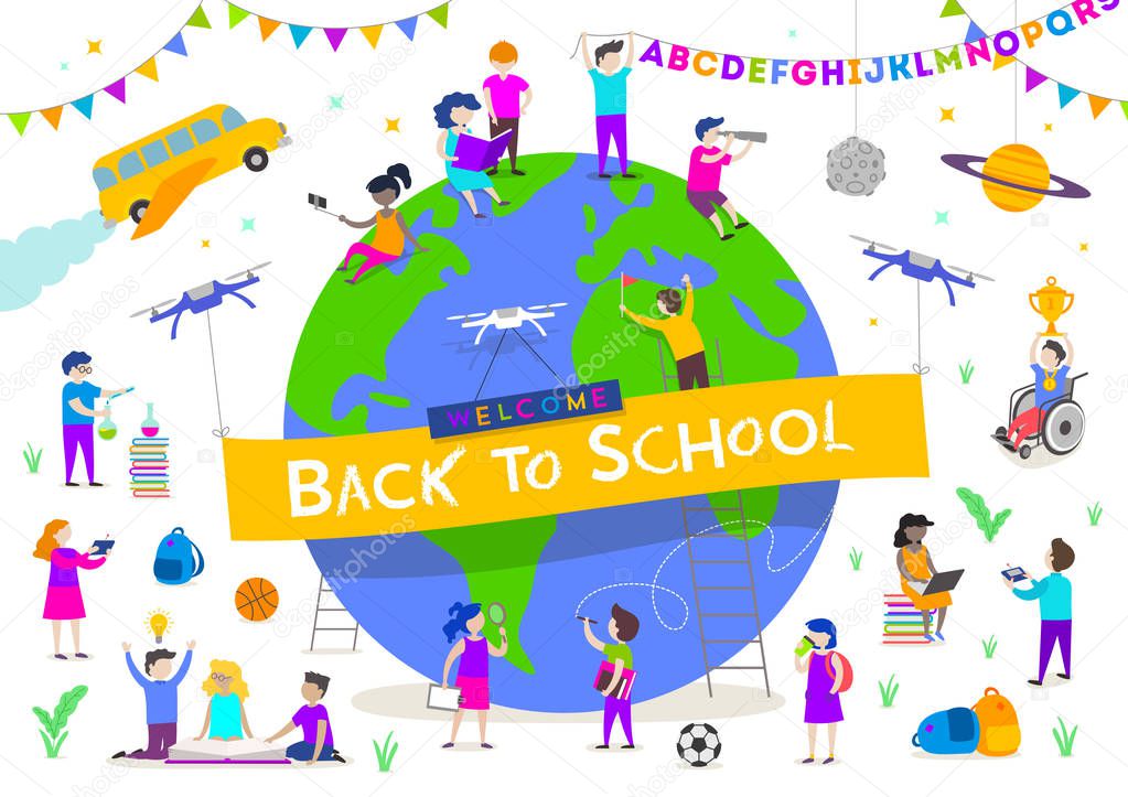 Back to school vector illustration. Group of active children around a giant globe. Children characters doing different activities liking  studying, reading, explore and  recreation