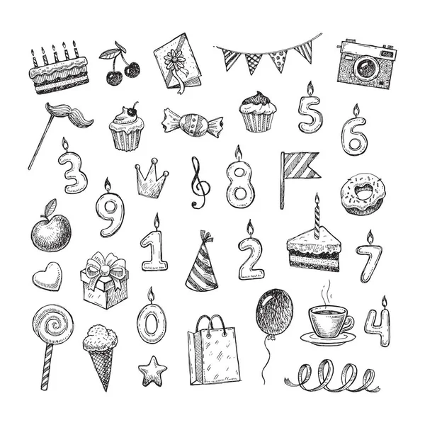 Set Objetos Cumpleaños Dibujados Mano Cumpleaños Doodle Estilo Vector Ilustración — Vector de stock