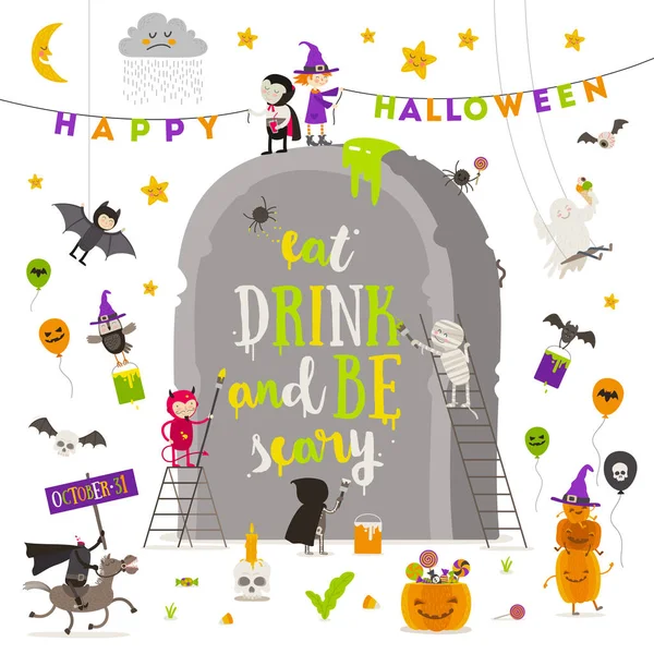 Illustration Vectorielle Halloween Groupe Personnages Actifs Halloween Autour Une Pierre — Image vectorielle
