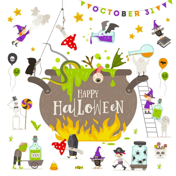 Halloween Vector Illustration Group Active Halloween Characters Giant Witch Pot — Stock Vector