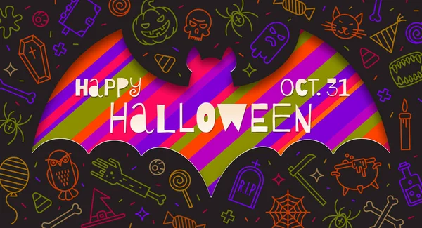 Silhueta Recorte Morcego Papel Contexto Com Sinais Halloween Lineares Símbolos — Vetor de Stock
