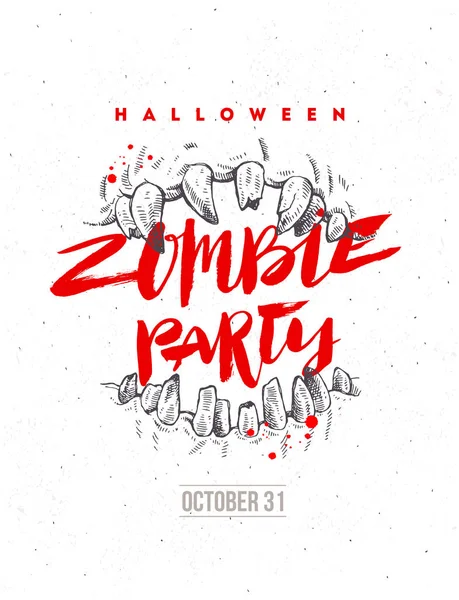 Halloween Vektor Handgezeichnete Illustration Zombie Party Plakat Oder Flyer Kiefer — Stockvektor