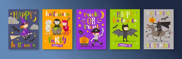 Set Poster Feste Halloween Biglietto Auguri Con Personaggi Dei Cartoni — Vettoriale Stock