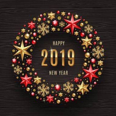 2019 yeni yıl tebrik illüstrasyon. Yeni yıl tebrik dan tatil dekor koyu ahşap arka plan üzerinde yapılan çerçeve içinde.