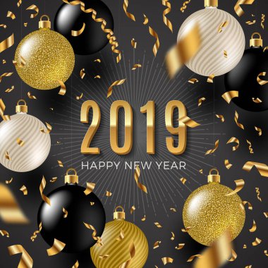 Yeni yıl 2019 tebrik vektör çizim - altın folyo konfeti, beyaz ve altın tatil baubles glitter.