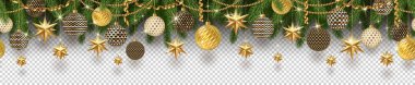 Christmas golden decoration and Christmas tree branches on a checkered background. Can be used on any background. Seamless frieze. Vector illustration. clipart