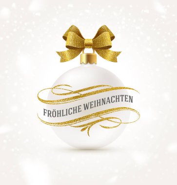 Almanca Noel tebrik glitter altın geliştiği öğeleri ve beyaz Noel biblo Altın Yay kurdele ile. Vektör çizim.