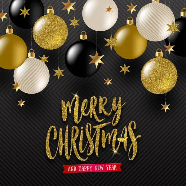 Vectorillustratie Kerstmis Kalligrafische Greeting Gouden Sterren Zwart Wit Glitter Goud — Stockvector