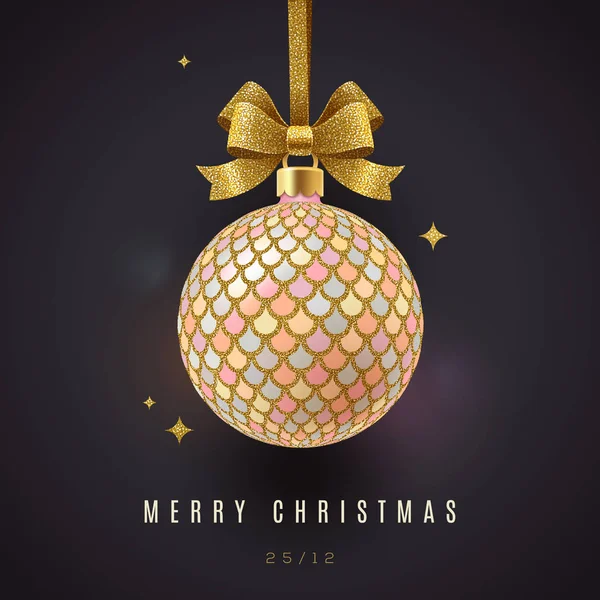 Cartão Saudação Natal Bola Natal Ornamentado Com Brilho Arco Ouro — Vetor de Stock