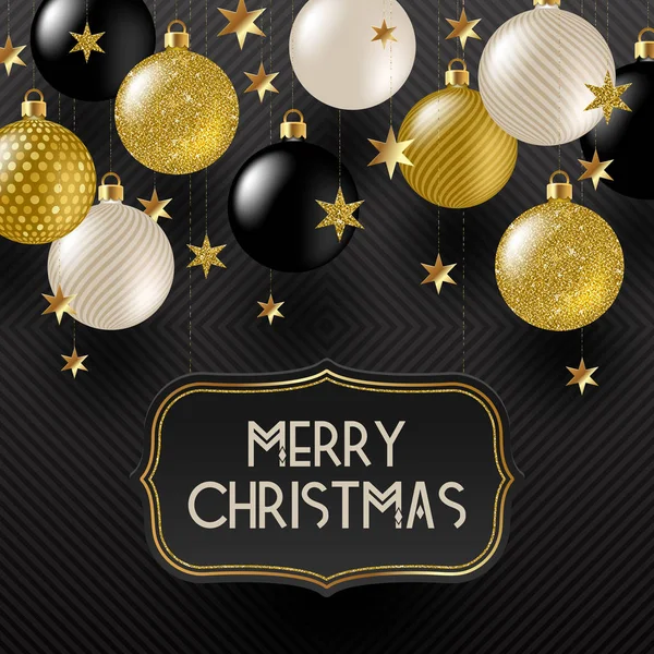 Векторная Иллюстрация Рамка Рождественским Поздравлением Золотые Звезды Черные Белые Блестящие — стоковый вектор