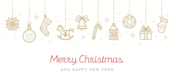Weihnachtsgrußkarte Feiertagsschilder Und Symbole Hängen Auf Weißem Hintergrund Vektorillustration — Stockvektor