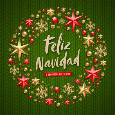 Feliz navidad - İspanyolca Noel selamlar. Fırça hat bayram tebriki ve örme yeşil arka plan üzerinde Noel dekorasyon.