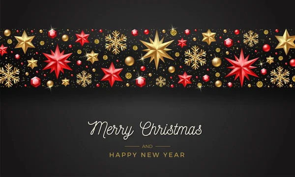 Kerst Groeten Illustratie Met Kerstdecoratie Sterren Ruby Edelstenen Gouden Sneeuwvlokken — Stockvector