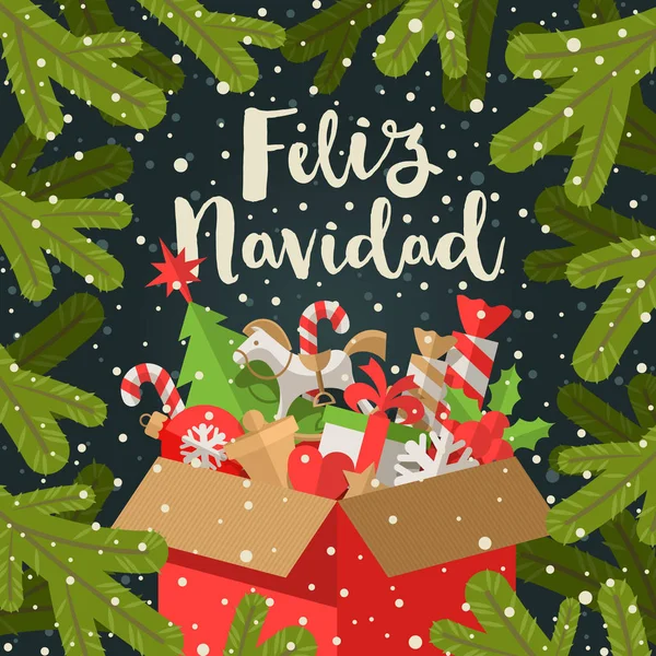 Feliz Navidad Christmas Greetings Spanish Calligraphy Greeting Cardboard Box Christmas — Stock Vector