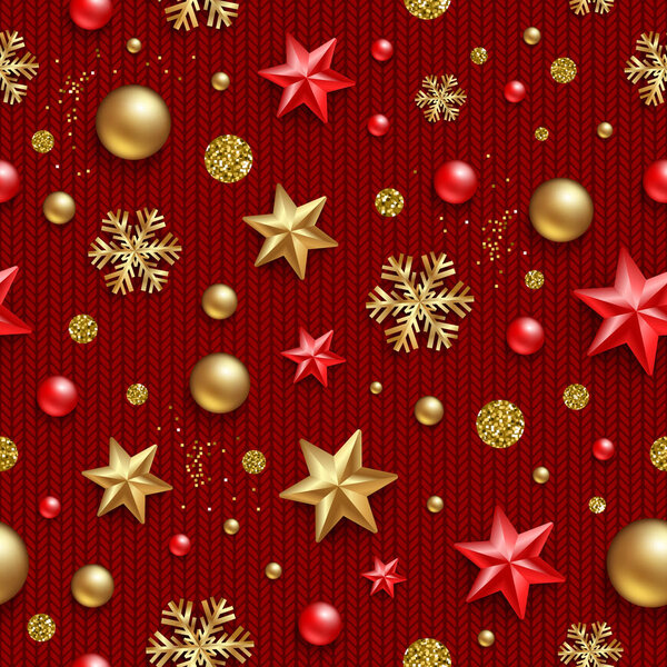 Seamless vector pattern. Christmas background with stars, beads, golden snowflakes, and glitter gold on a knitted red background.