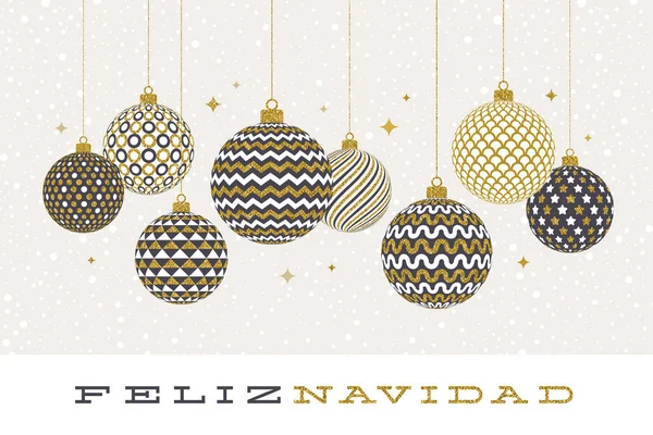 Feliz Navidad Christmas Greetings Spanish Patterned Golden Baubles White Background — Stock Vector